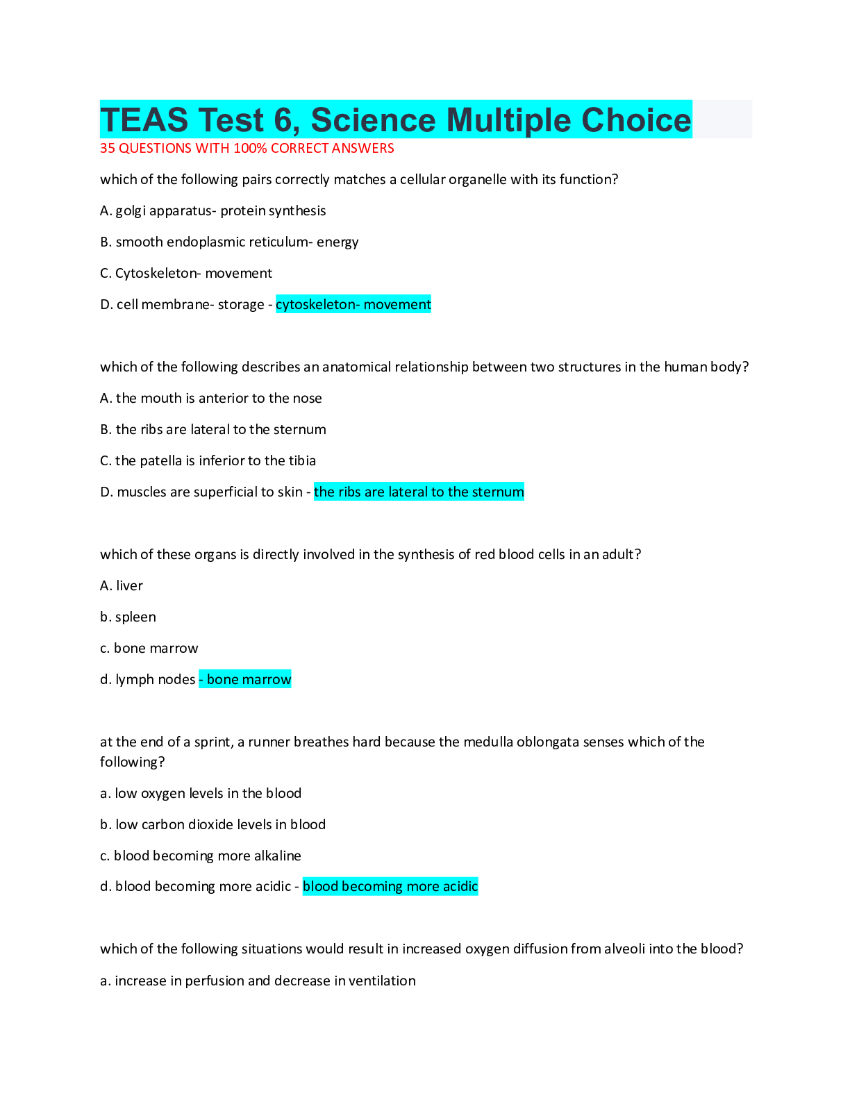 Preview image for TEAS Test 6, Science Multiple Choice 35 QUESTIONS WITH 100% CORRECT ANSWERS